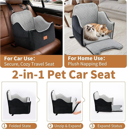 XEEP Dog Car Seat Bed for Small/Medium Dogs – Dog Booster Car Seat Up to 35 lbs -Use Travel Booster Seat with Memory Foam, Safety Belt, Bonus Urine Pad & Blanket, Removable Washable (Black/Grey)