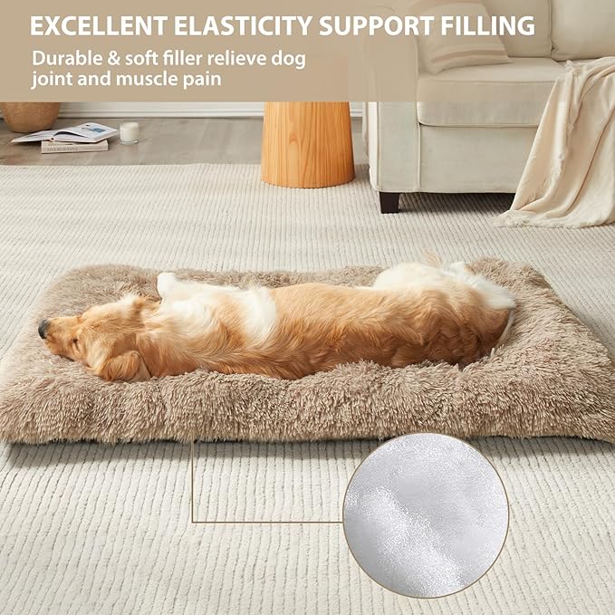 BFPETHOME Dog Beds for Large Dogs, Plush Dog Crate Bed Fluffy Cozy Kennel Pad for Sleeping &Ease Anxiety, Washable Pet Mats with Anti-Slip Bottom for Large Dogs, Brown