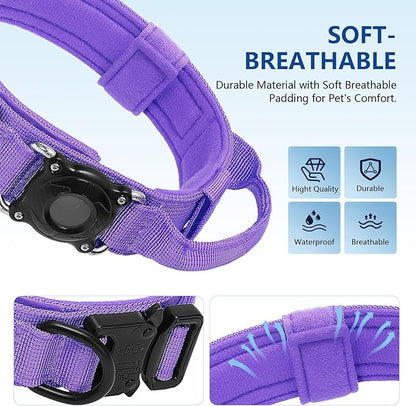 Tactical AirTag 2nd Gen (2026) & 1st Gen Dog Collar, 100% Waterproof Integrated Apple Air Tag Dog Collars with Hard PC AirTag Holder, Adjustable Military Collar with Handle, for Large Dogs(Purple,XL)