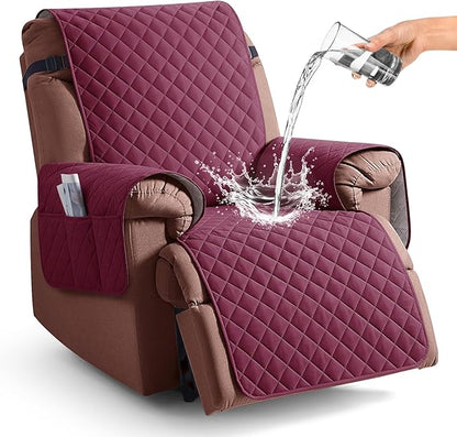 KinCam 100% Waterproof Recliner Chair Cover, Reclining Couch Covers for Pets, Dogs, Recliner Couch Slipcover Furniture Protector with Elastic Straps for Kids(25", Burgundy)