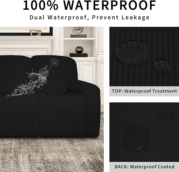 Easy-Going 100% Dual Waterproof Recliner Loveseat Cover, 6-Pieces Stretch Relining Sofa Cover with Pocket, Jacquard 2 Seat Sofa Slipcover Leakproof Washable (Loveseat, Black)