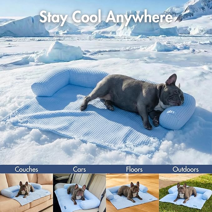 Spark Paws Cooling Couch Cover Dog Bed, Furniture Protector Mat, Non-Toxic Washable Pet Cooling Pad for Large & Small Dog - Waffle Blue - Size XXL