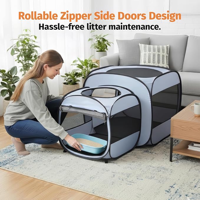 EighteenTek® 2-in-1 Portable Cat Playpen(End Doors), Pop up Kitten Playpen, Assembly-Free, Pet Tent Crates Kennel Cage Enclosure for Dog Puppy Indoor Outdoor(No Divider, Unified Space)
