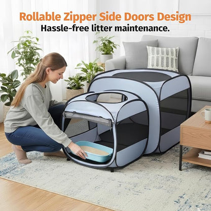 EighteenTek® 2-in-1 Portable Cat Playpen(End Doors), Pop up Kitten Playpen, Assembly-Free, Pet Tent Crates Kennel Cage Enclosure for Dog Puppy Indoor Outdoor(No Divider, Unified Space)