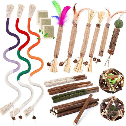 WOUSEDO 27 Pack Catnip Chew Toys for Cats,Cotton Sisal Rope Toys,Cat Natural Silvervine Sticks,for Cat Teeth Cleaning and Dental Care,Interactive Toy for Bored Indoor Cats
