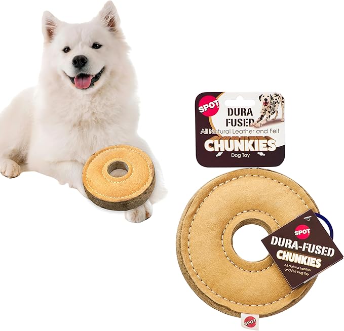 SPOT Dura-Fused Chunkies Ring Dog Toy, Natural Leather and Felt, Durable Chew Toy for Aggressive Chewers, No Squeak or Fluff, for Adult Dogs and Teething Puppies, 6 in