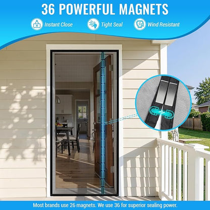 Magnetic Closure Screen Door, Reversible Mesh Door Screen Fits 32" x 80" Door, Heavy-Duty Magnetic Mesh Curtain for Sliding Door and French Door, Self-Sealing, Portable Patio Screen (34" x 81")