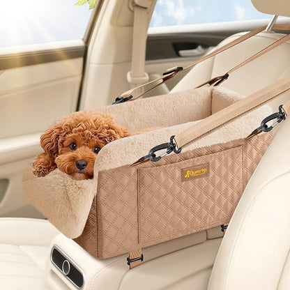 QUMY Dog Car Seats for Small Dogs Up to 11lbs, Portable Center Console Dog Booster Seat, Multi-Purpose Puppy CarSeat with Adjustable Safety Belt, Travel Pet Car Carriers for Small Dogs and Cat, Khaki