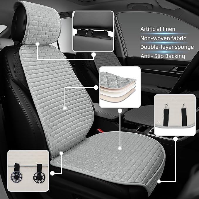 Linen Car Seat Covers Front Seat Covers - 2 PCS Durable & Non-Slip Breathable Cloth Fabric Car Seat Protector, Universal Fit for Most Automotive, Vans, SUVs, Trucks - Gray