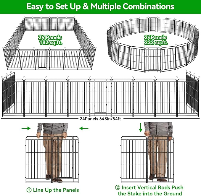 Kfvigoho Heavy Duty Dog Playpen: 24 Steel Panels 47" Height, Square Steel Pipe with Reinforced Crossbars, 54FT 227 Sq.ft Portable Fence for Yard RV Camping, Snowy Black