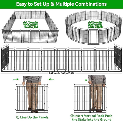 Kfvigoho Heavy Duty Dog Playpen: 24 Steel Panels 47" Height, Square Steel Pipe with Reinforced Crossbars, 54FT 227 Sq.ft Portable Fence for Yard RV Camping, Snowy Black