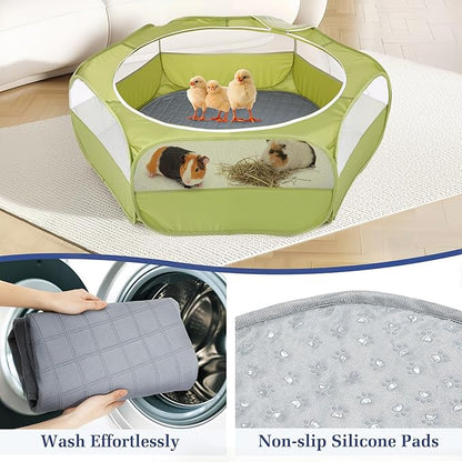 2-in-1 Small Animals Playpen with Pad, Waterproof Small Pet Cage Tent with Reusable Pad, Portable Outdoor Yard Fence with 3 Metal Rod for Chick/Kitten/Puppy/Guinea Pig/Rabbits/Chinchillas, Green+Gray