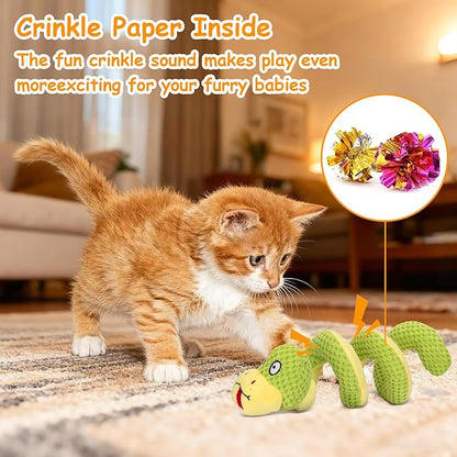 Retro Shaw Interactive Indoor Cat Toys – 11" Realistic Snake with Silvervine & Catnip, Crinkle Sound & Spring-Loaded Design, Bite-Resistant Plush Kicker for Kitten Teething, Boredom Relief & Exercise
