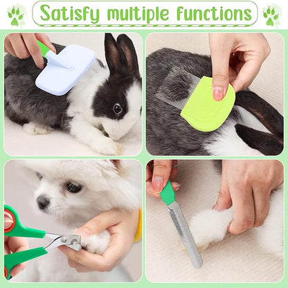VCZONE 8 Pcs Small Animal Grooming Kit, Pink with Pet Nail Clipper and File, Flea Comb, Pet Shampoo Bath Brush, Pet Shedding Slicker Brush, Bath Massage Glove, Cleaning Comb (Green)