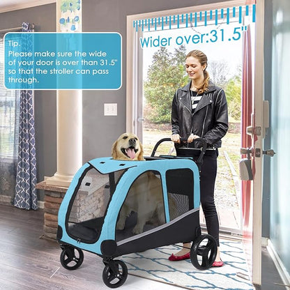 Saudism Dog Stroller for Large Dogs, Extra Large Pet Stroller for Medium Dogs, Dog Wagon Carriage, Foldable Design, Adjustable Handle, with Pocket, Up to 130 lbs, Blue