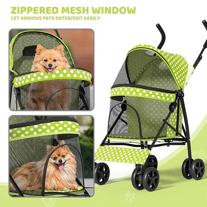 Magshion Compact Pet Stroller for Small-Medium Dogs/Cats up to 22lbs, 4-Wheel Lightweight Umbrella Shaped Portable Puppy Travel Jogger with Breathable Mesh, Cup Holder & Rear Storage, Lawn Green