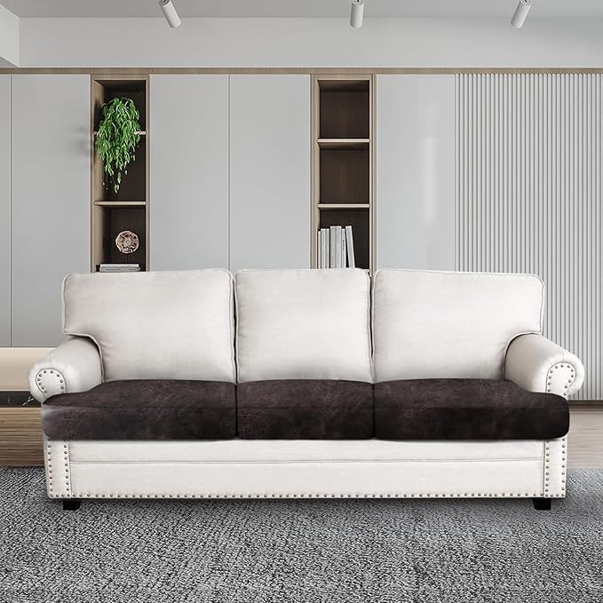 ANARACHON Leather Look Couch Cushion Covers Sofa Seat Slipcovers Sets Couches Furniture Protector for Sectional Armchair Loveseat Pets Kids Stretch Spandex Fabric (3 T-Cushion Sofa, Chocolate)