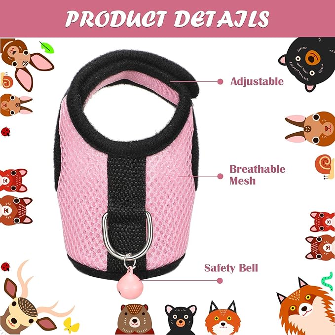 SATINIOR 2 Sets Guinea Pig Harness and Leash Adjustable Soft Mesh Harness Bell No Pulling Comfort Vest for Baby Ferret Rats Hamster Bunny Rabbit Chinchilla and Small Pet (Pink, Blue, S)