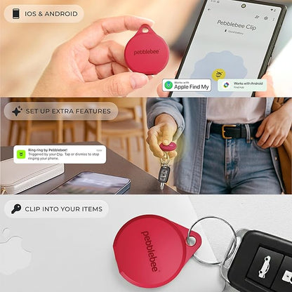 Pebblebee Clip 5 | Rechargeable Bluetooth Tracker Tag for Keys | Alternative to Air Tag & Android Trackers | 130 dB Siren, Bright LED Strobe, 12-Month Battery, Alert Safety Mode | Hot Coral