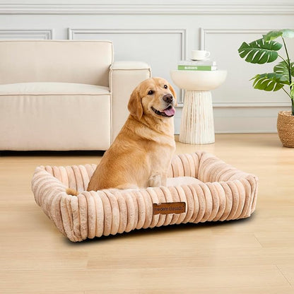 Modern Threads Ribbed Plush Two-Tone Cuddler Dog Bed, Ultra-Soft Faux Rabbit Fur, Supportive Bolstered Sides, Removable Washable Cover, Bed for Medium to Large Dogs, Cream, (34" L x 25" W x 9" Th)