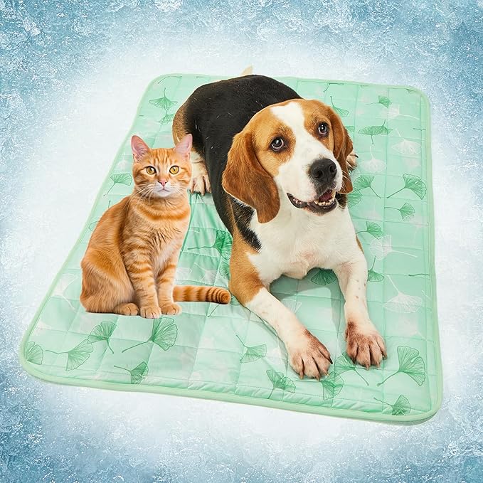 SUPRIY Pet Cooling Mat for Dogs & Cats - Qmax 0.4 Waterproof Cooling Pad, Summer Heat Relief Mat with Japanese Polyester Tech, 3 Sizes Indoor/Outdoor Use (27.5 * 38.5, Green Ginkgo Leaves)