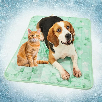 SUPRIY Pet Cooling Mat for Dogs & Cats - Qmax 0.4 Waterproof Cooling Pad, Summer Heat Relief Mat with Japanese Polyester Tech, 3 Sizes Indoor/Outdoor Use (19.5 * 27.5, Green Ginkgo Leaves)