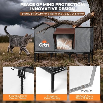Outdoor Heated Cat House for Outside: Winter Insulated Weatherproof 20"×14.3"×20.5" Shelter with Heating Pad for Feral Kitty Foldable Out Door Elevated Warm Pet Bed with Extra Large Warming Cathouse