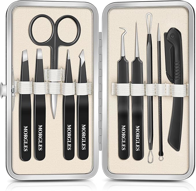 MORGLES Tweezers Set for Men, 10 in 1 Professional Eyebrow Tweezers Kit with Razor, Scissors and Blackhead Remover Tools with Travel Bag, Grooming Beauty Set (Black)