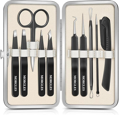 MORGLES Tweezers Set for Men, 10 in 1 Professional Eyebrow Tweezers Kit with Razor, Scissors and Blackhead Remover Tools with Travel Bag, Grooming Beauty Set (Black)