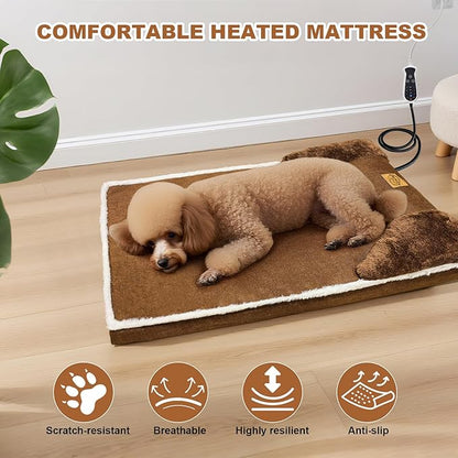 Heated Pet Bed for Cat & Puppy, 20×20In Dog Beds with Memory Foam Pet Bed, Nine Gears Smart Switch Dog Sofa with Timer, Washable Removable Cotton Sleeve, Soft and Comfortable