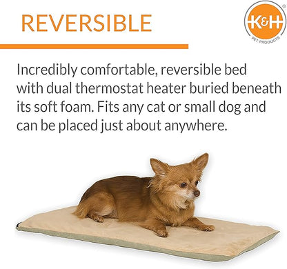 K&H Pet Products Indoor Heated Cat Bed Pad for Large Cats & Small Dogs, Thermo-Pet Mat Calming Warming Pet Heating Pad, Machine Washable, Waterproof Heater, Safety Listed - 12.5 X 25in Sage