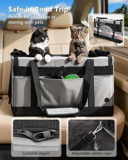 Pecute Dual Compartment Pet Carrier for Multi-Cat Families & Small Dog Owners, Collapsible Dog Crate with Reinforced Steel Frame, Car Safety Design for Travel, Vet Visits & Home Use, Gray
