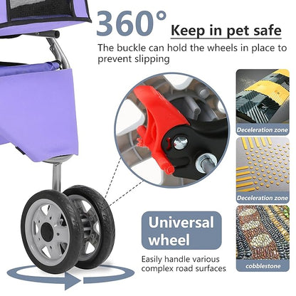 FDW Pet Stroller 3-Wheel Durable Foldable Cat Dog Stroller with Washable Liner Storage Basket Cup Holder,Purple
