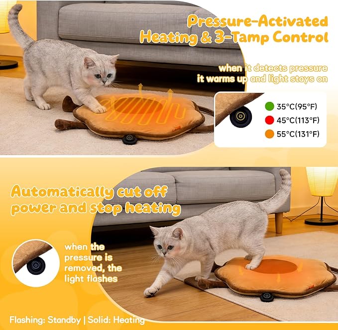 Cat Heating Pad for Indoor Cats Dogs Pressure-Activated Heated Cat Bed for Pets Warming Mat Electric Heated Pads with Removable Cover Adjustable Temp Sunflower Brown 22"X 22"