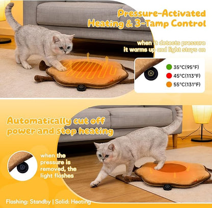Cat Heating Pad for Indoor Cats Dogs Pressure-Activated Heated Cat Bed for Pets Warming Mat Electric Heated Pads with Removable Cover Adjustable Temp Sunflower Brown 22"X 22"
