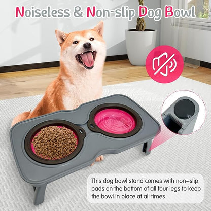 PINVNBY Elevated Dog Bowls Portable Raised Dog Bowl Stand with 2 Collapsible Silicone Food Bowl Non-Slip Travel Bowls for Small Dogs and Cats (14.6" L x 3.9" W x 3.9" H)