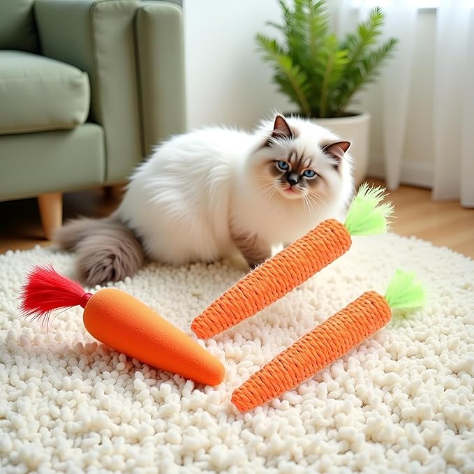 2 Pcs Orange Natural Interactive Sisal Carrot Cat Toys, Cat Dental Chew Toy Kitten Teething Toys for Indoor Cats Interactive Toys for Cats (20cm)
