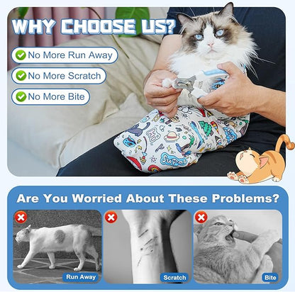 Supet Cat Grooming Wrap for Cutting Nails, 2026 Self-Adherent Cat Wrap, Anti-Escape Calming Cat Swaddle Wrap for Medicine, Nail Clipping, Teeth Brushing, Ear Cleaning (Cartoon, L)