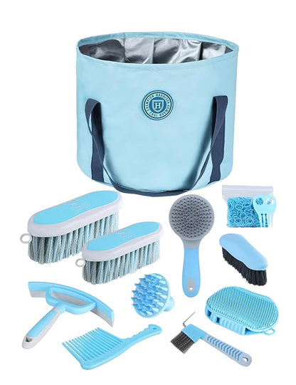 Harrison Howard Horse Grooming Kit 9 Piece with Tote, Non-Slip Silicone Grip Brush Set for Horses, Shedding Bathing Daily Care, Beginner Friendly Soft Blue