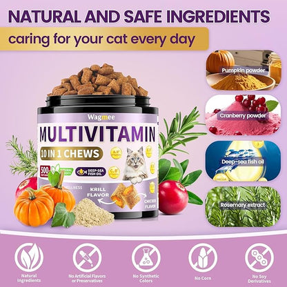 Cat Multivitamin with Fish Oil, 10 in 1 Taurine for Cats Vitamins Treats - 500 Crunchy & Creamy Chews Supports Energy, Bone, Joint, Skin & Coat Health - with Omega 3s, Biotin for All Breeds & Ages