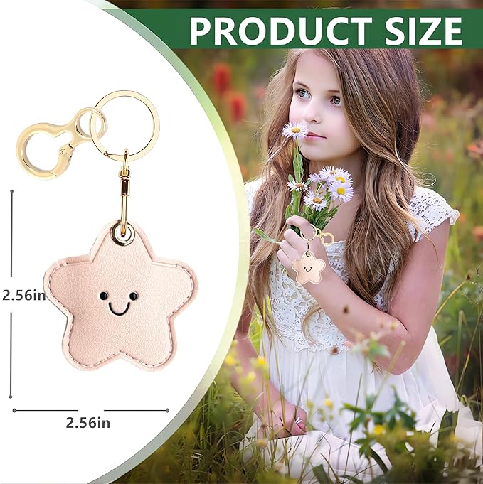 Leather Keychain Holder Case Compatible with AirTag,Cute Protective Cover with Keyring,Anti-Scratch Finder GPS Tracker Case for Wallet Keys,bag,pets,Backpack(Pink Star)