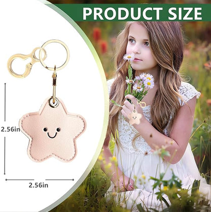 Leather Keychain Holder Case Compatible with AirTag,Cute Protective Cover with Keyring,Anti-Scratch Finder GPS Tracker Case for Wallet Keys,bag,pets,Backpack(Pink Star)