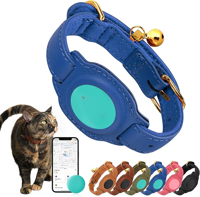 Cat Tracker, GPS Pet Tracker for Cats (Only iOS), Leather Cat Collar with Tracker, Works with Any Collar, No Monthly Fee, Compatible with Apple Find My App not for Android (Blue)