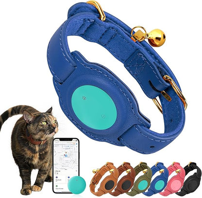 Cat Tracker, GPS Pet Tracker for Cats (Only iOS), Leather Cat Collar with Tracker, Works with Any Collar, No Monthly Fee, Compatible with Apple Find My App not for Android (Blue)