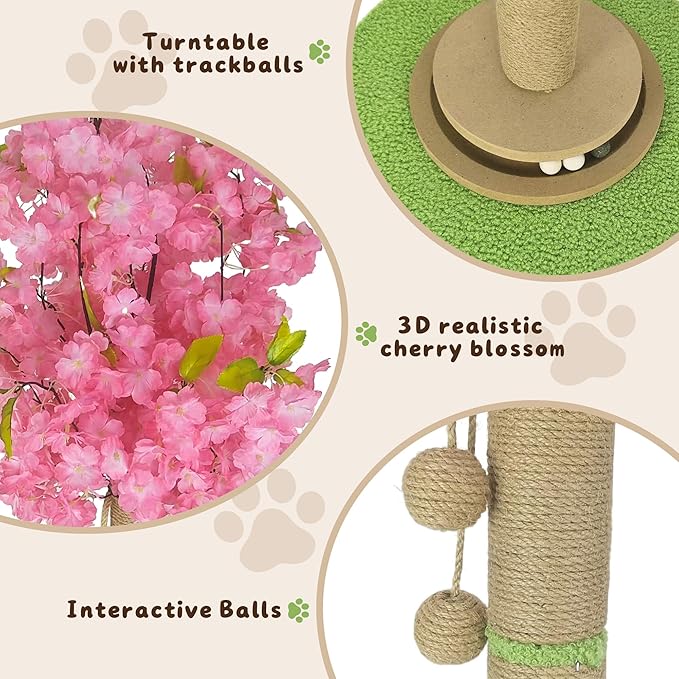 Cherry Blossom Cat Scratching Post, 36" Tall Natural Sisal Sturdy Base Tower with Interactive Trackball Toy for Indoor Kittens & Large Felines, Japanese Aesthetic Floral Furniture Decor