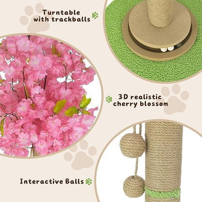 Cherry Blossom Cat Scratching Post, 36" Tall Natural Sisal Sturdy Base Tower with Interactive Trackball Toy for Indoor Kittens & Large Felines, Japanese Aesthetic Floral Furniture Decor