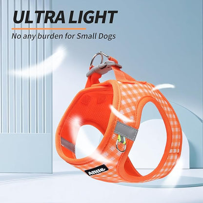 AIITLE Medium Dog Harness – Breathable Mesh with Plaid Design & Dual D-Rings – Secure Fit for Camping, Hiking & Daily Adventures (L, Orange)