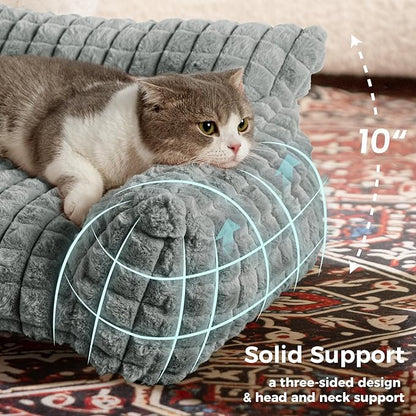 Cute Cat Couch Bed – Supportive & Fluffy Pet Sofa with Faux Rabbit Fur Washable Cover in 3D Diamond Pattern, 24" Grey