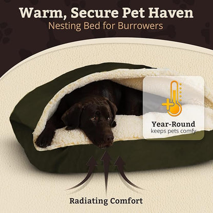 Snoozer Rectangle Cozy Cave Dog Bed - Indoor Dog Bed with Cover Cave, Covered Calming Burrow for Small & Medium Sized Pets with Blanket Attached, Enclosed, Washable Cover - Medium, Olive
