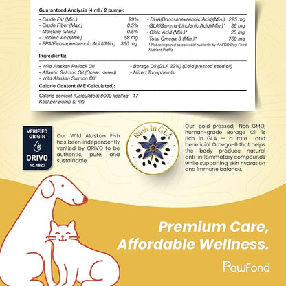 Wild Alaskan Pollock & Salmon Oil for Dogs & Cats - Omega 3 EPA DHA Fish Oil with Borage Oil GLA 22% - Anti-Itch, Skin & Coat Supplement, Joint Support, Allergy Relief -100% Natural - 8oz Pump
